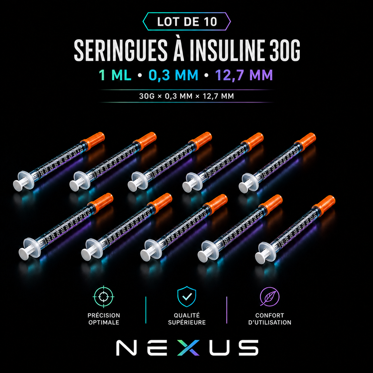 Seringues insuline 1ml — lot de 10 30G 0,3×13mm — peptide de recherche NEXUS