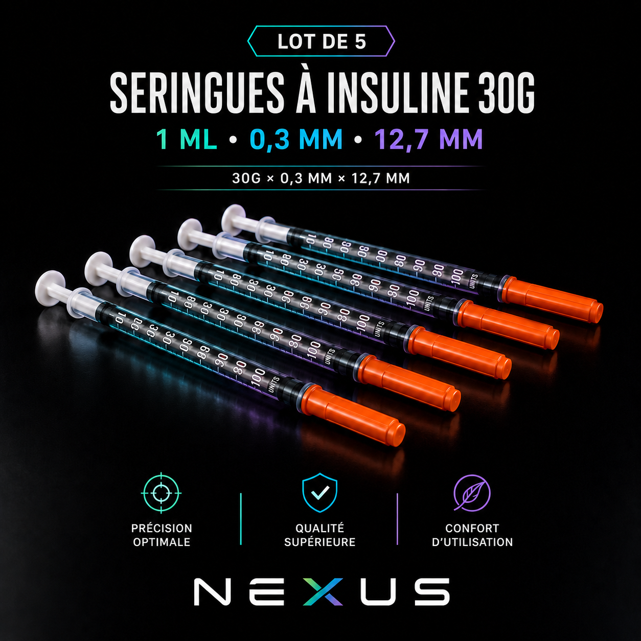 Seringues insuline 1ml — lot de 5 30G 0,3×13mm — peptide de recherche NEXUS